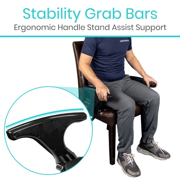 Person using stability grab bars on a chair with text 'Stability Grab Bars Ergonomic Handle Stand Assist Support'.