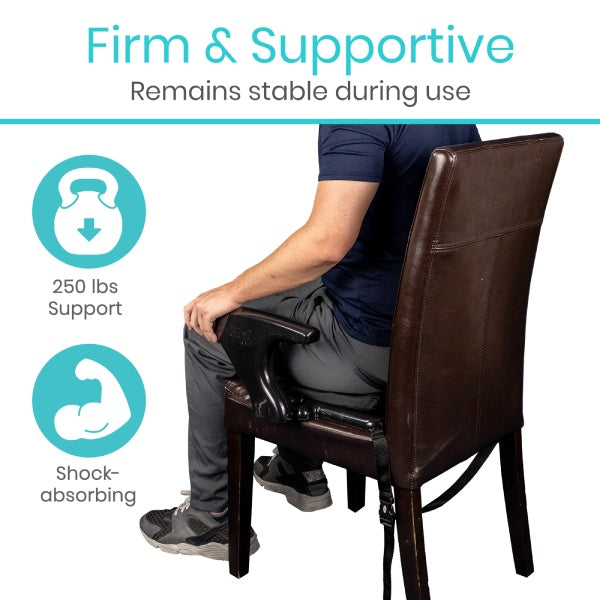 Person sitting on a brown chair with text highlighting its firmness and support.