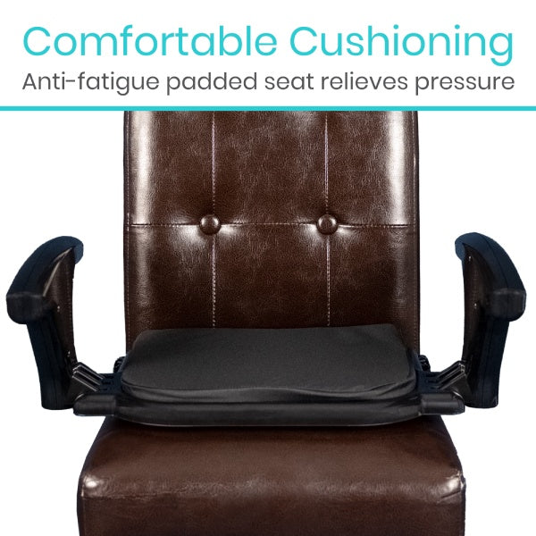 Brown office chair with a black cushion labeled 'Comfortable Cushioning' on a white background.