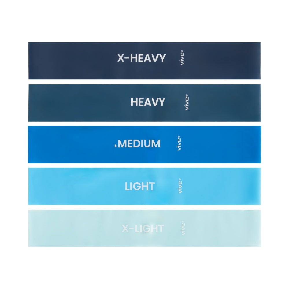 Set of five blue resistance bands with labels from 'X-Heavy' to 'X-Light' on a white background.