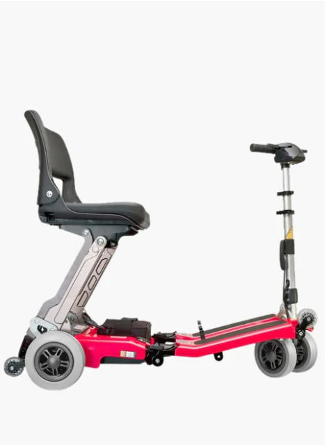 Red scooter with a seat and handlebar on a white background