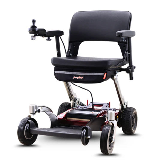 Electric wheelchair with a black seat and silver frame on a white background