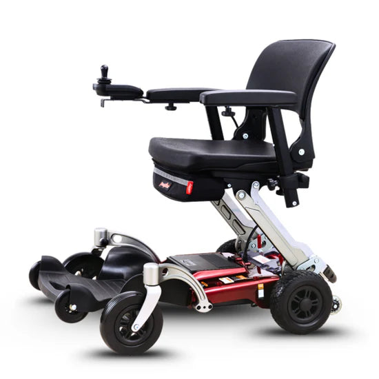 Mobility scooter with black seat and red frame on a white background