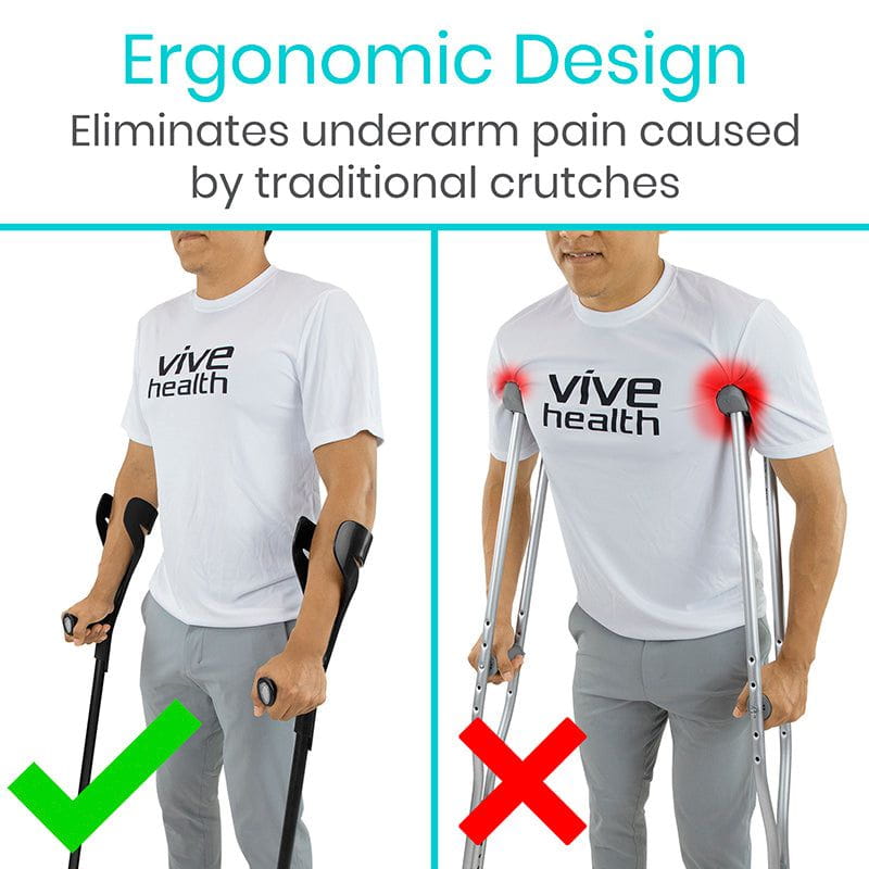 Person using ergonomic crutches with text highlighting benefits over traditional crutches.