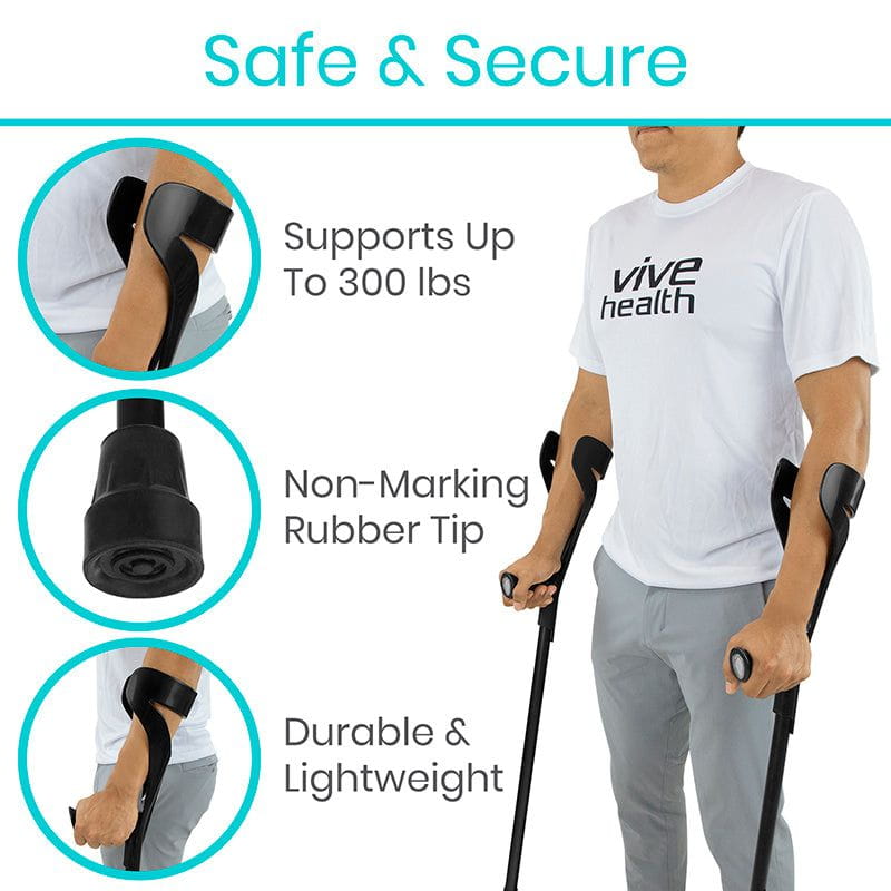 Person using crutches with Vive Health branding, highlighting features like support capacity, non-marking tips, and durability.
