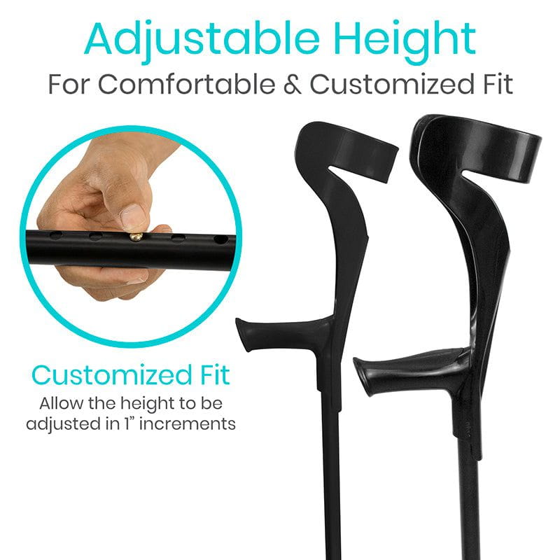 Black adjustable crutches with a hand holding one, labeled 'Adjustable Height' and 'Customized Fit'.