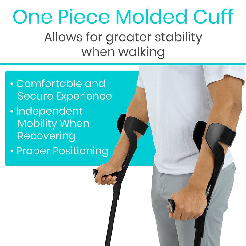 Person using crutches with a one-piece molded cuff, text highlighting benefits on a white background.