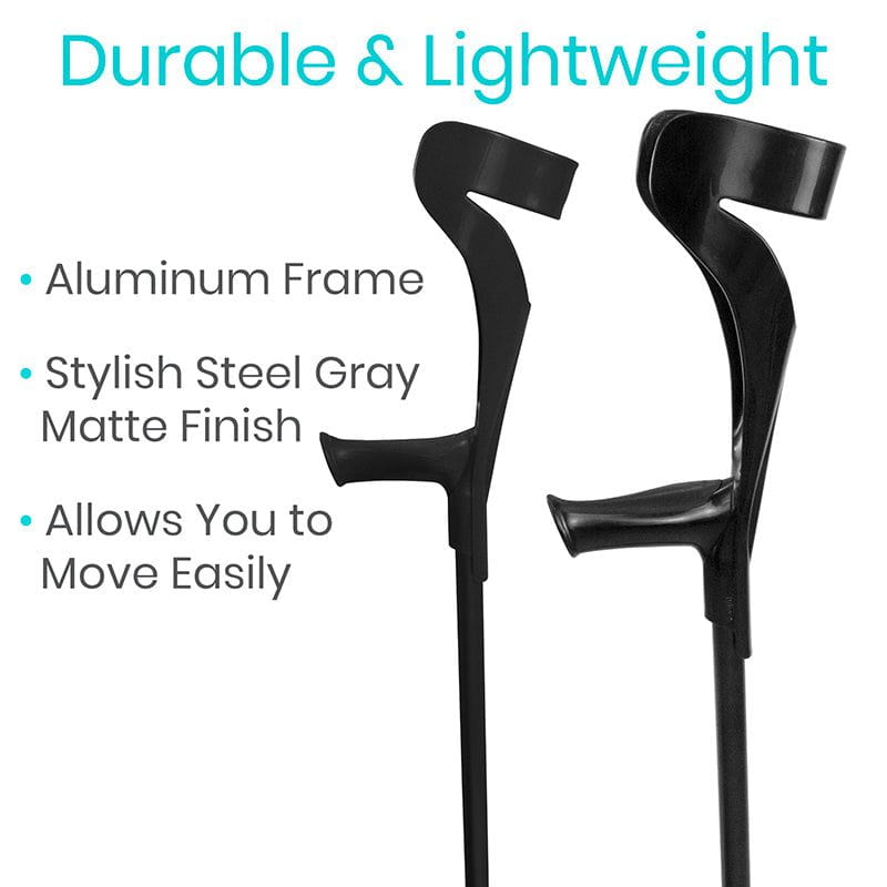 Black crutches with text highlighting durability and features on a white background