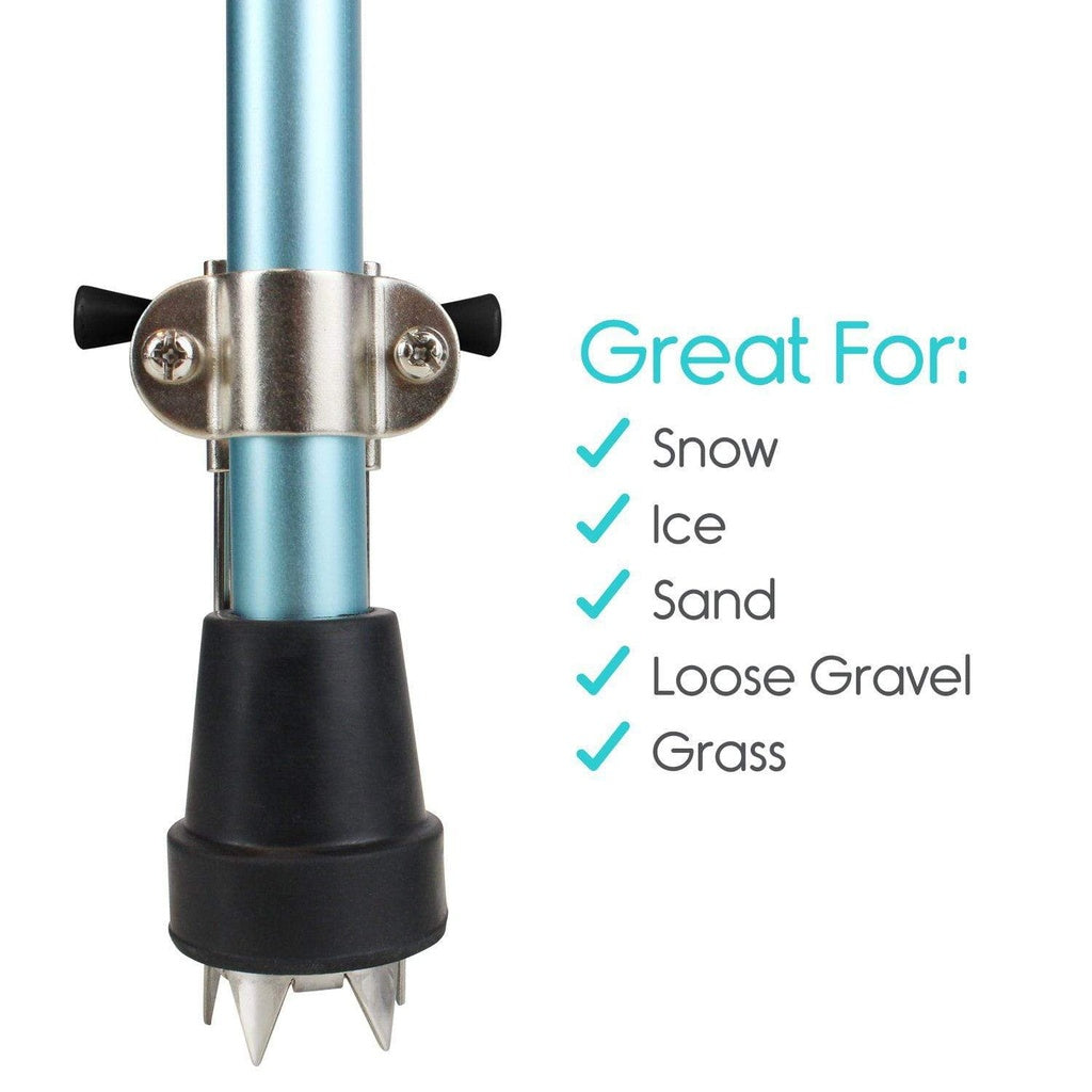 Metal stake with spikes and text indicating uses on a white background