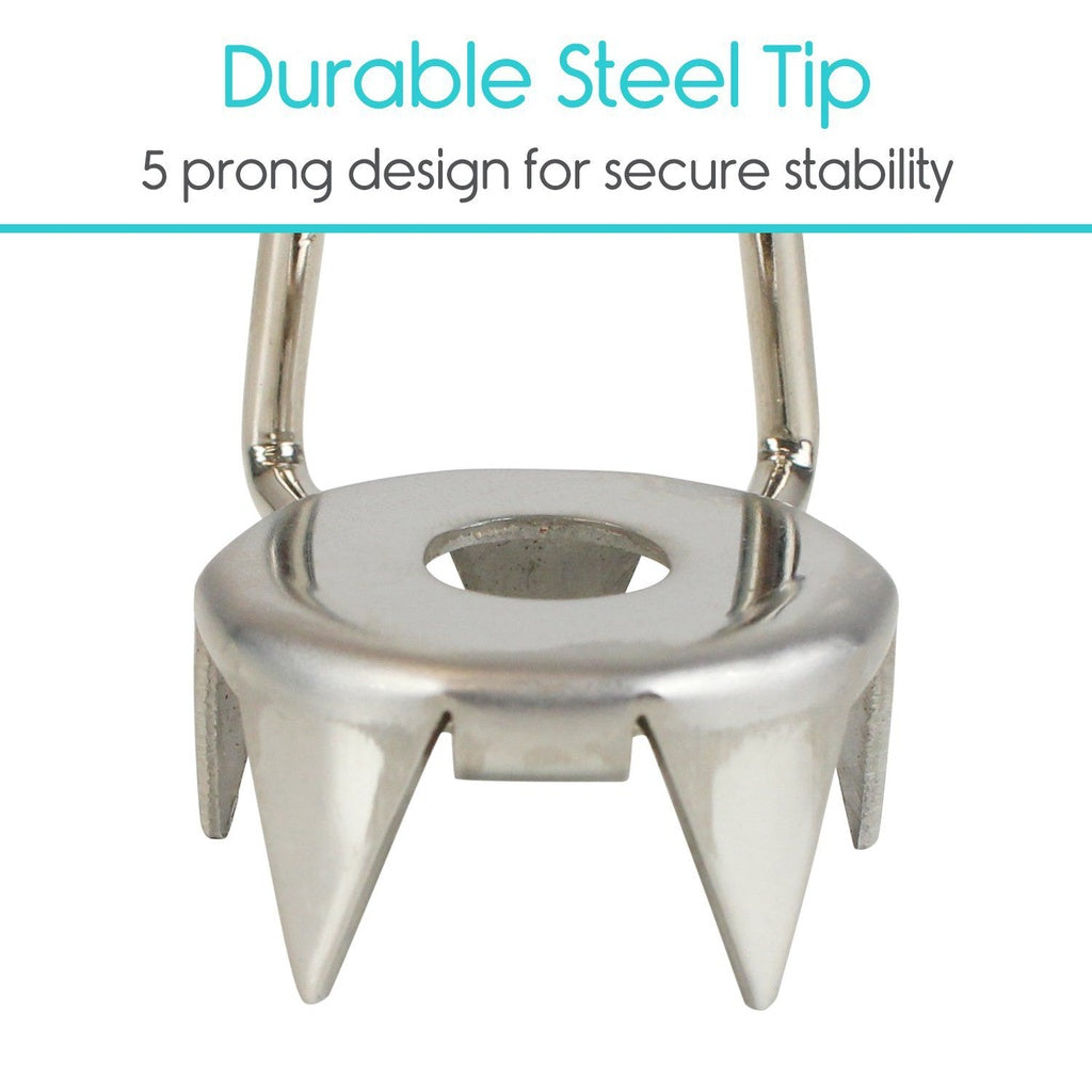 Metal spike with five prongs on a white background, labeled 'Durable Steel Tip' and '5 prong design for secure stability'.