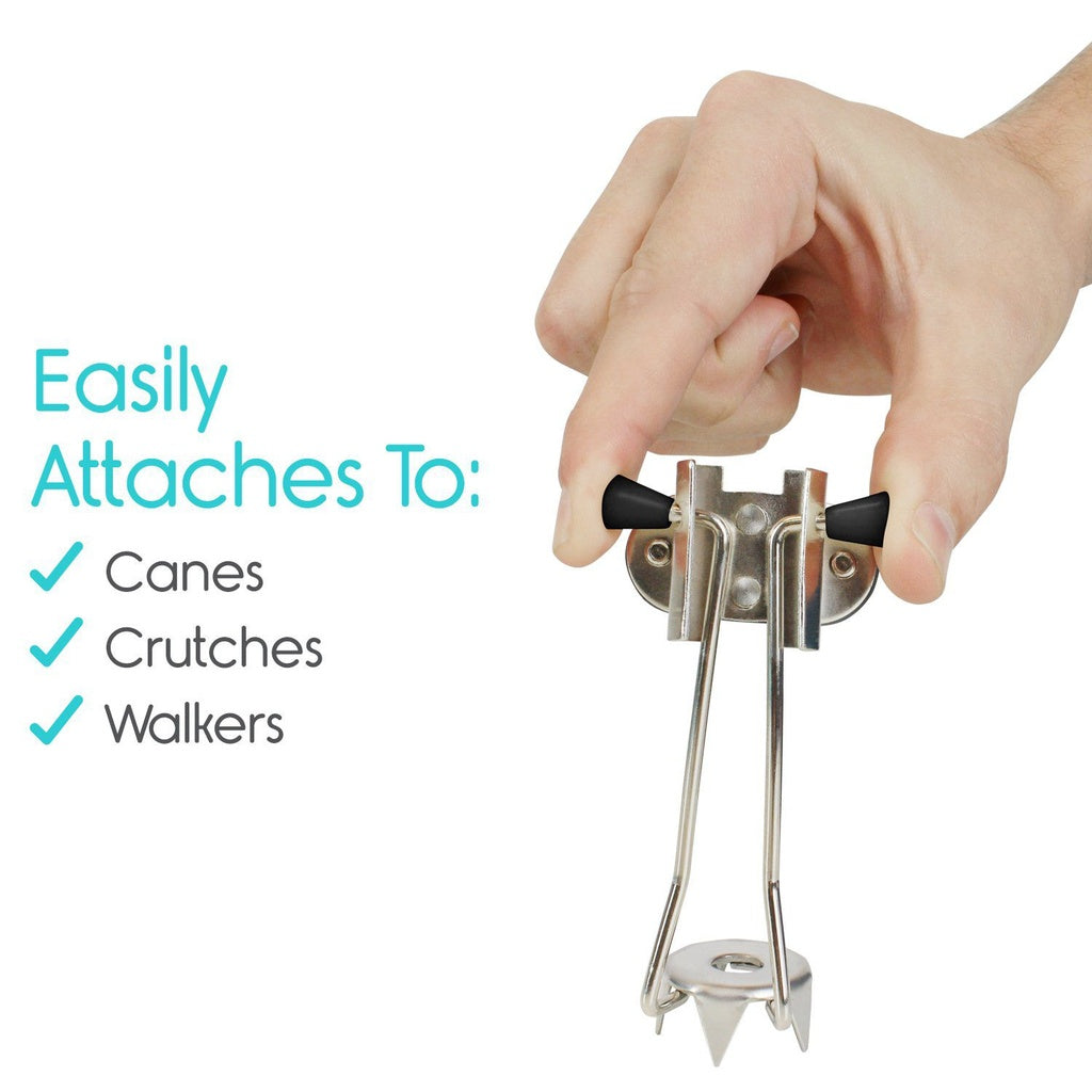 Hand holding a metal device attached to a cane, with text indicating it easily attaches to canes, crutches, and walkers.