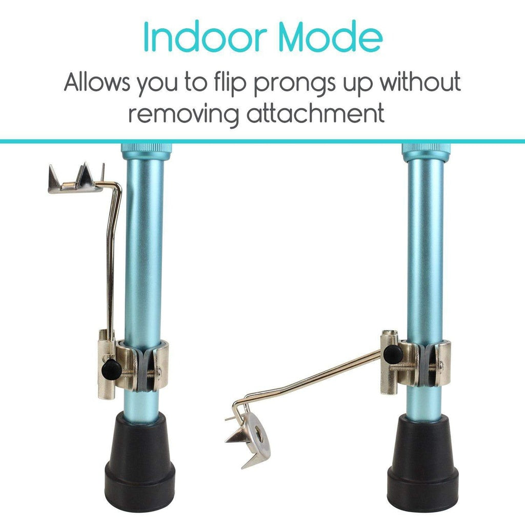 Mechanical device with prongs and text about indoor mode on a white background