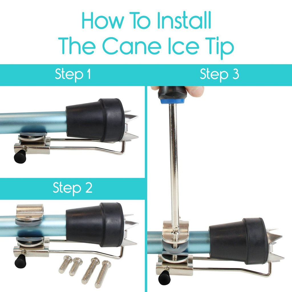 Step-by-step guide on how to install a cane ice tip with labeled steps and images.