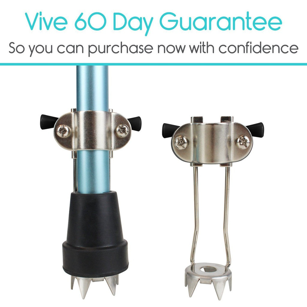 Metal plant support stakes with spikes on a white background, featuring a 'Vive 60 Day Guarantee' text.