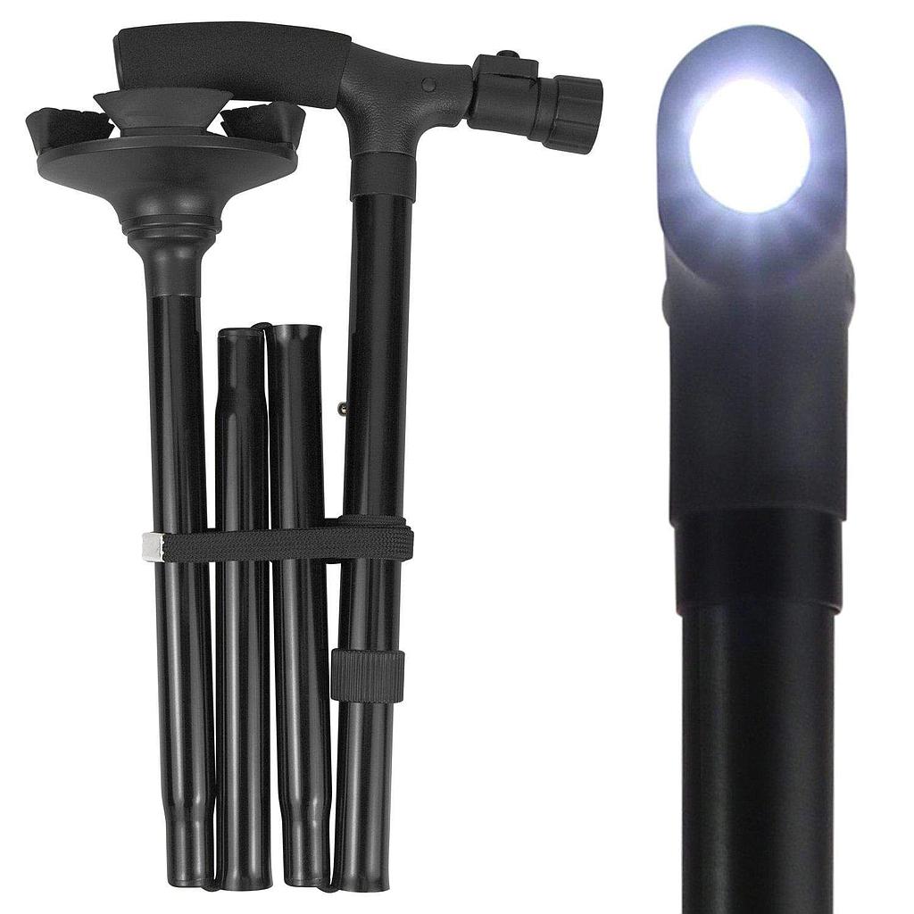 Black metal tool with adjustable components and a light on a white background