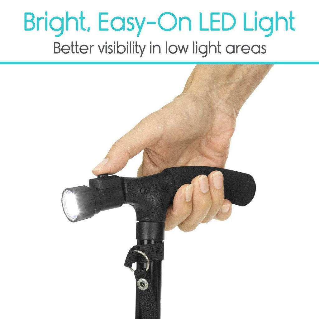 Hand holding a black LED light attached to a walking stick with text 'Bright, Easy-On LED Light' and 'Better visibility in low light areas'.