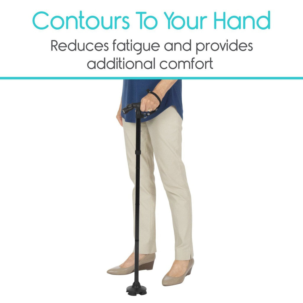 Person using a walking stick with text 'Contours To Your Hand Reduces fatigue and provides additional comfort' on a white background.