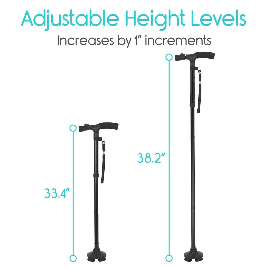 Adjustable height walking cane with measurement details on a white background