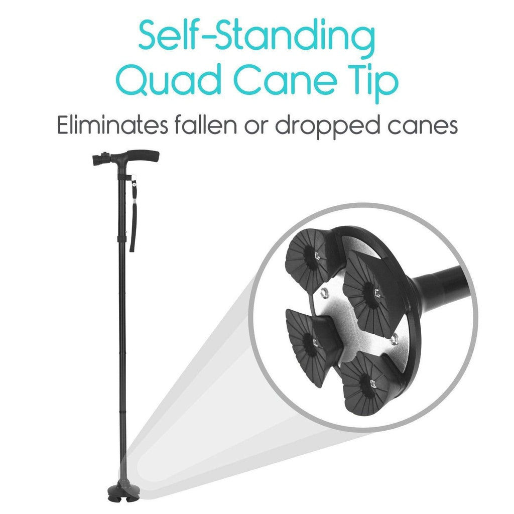 Self-standing quad cane tip with text on a white background