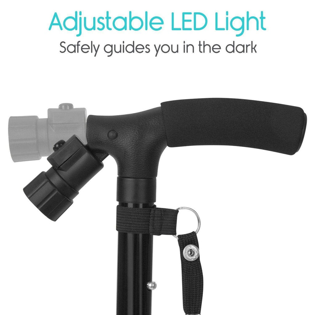 Black adjustable LED light with handle on a white background