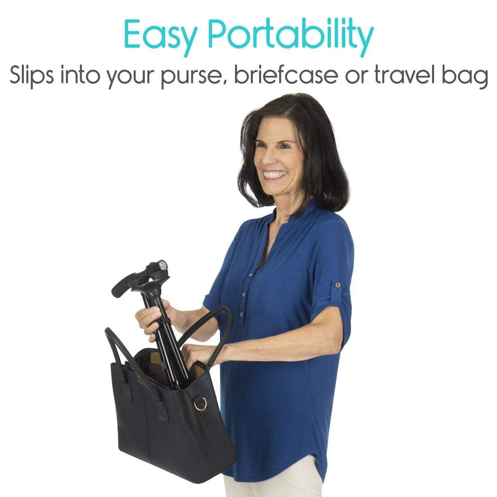 Woman holding a black travel bag with a pump, promotional text about easy portability.