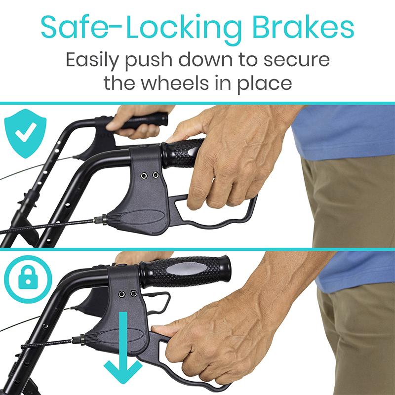 Safe-locking brakes being demonstrated on a walker with text explaining how to use them.