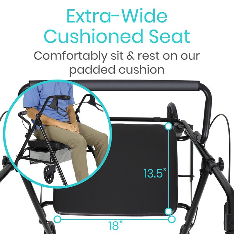 Walker with extra-wide cushioned seat and measurement details on a white background
