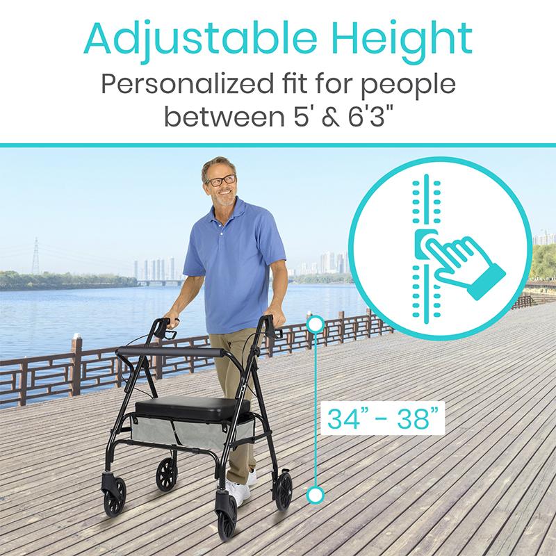 Man using a walker with adjustable height feature by a waterfront