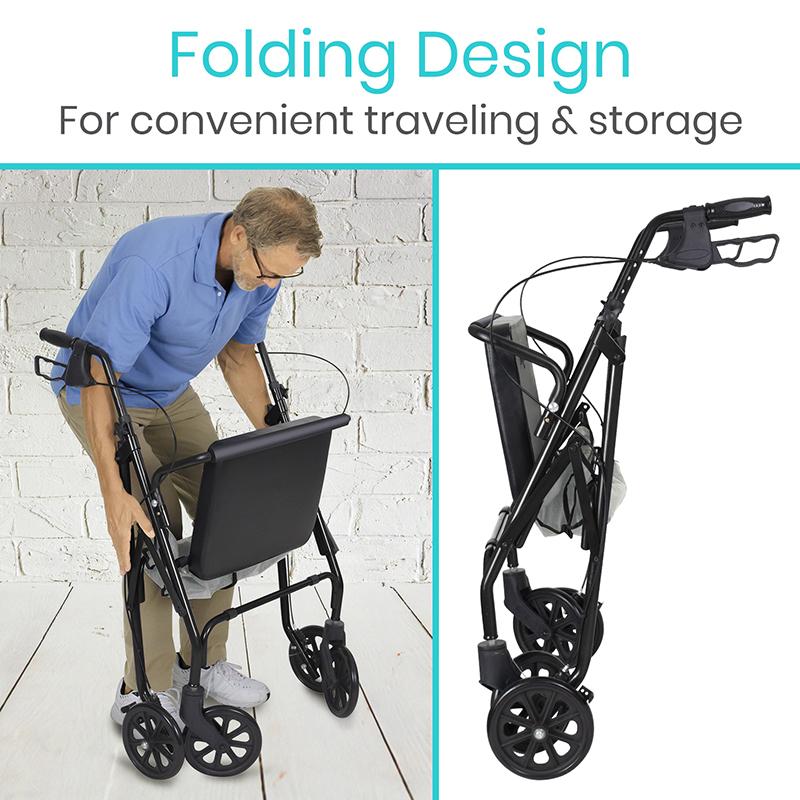 Man using a folding wheelchair with text 'Folding Design for convenient traveling & storage' on a white brick wall background.