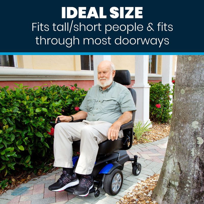 Man using a power wheelchair on a sidewalk with text about ideal size for people and doorways.