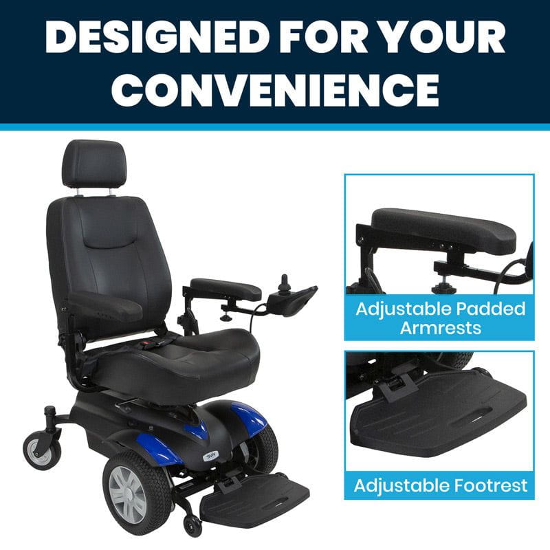 Black electric wheelchair with adjustable features on a white background