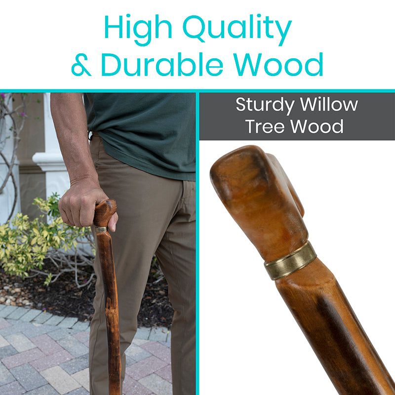 Person holding a wooden walking stick with text highlighting high quality and durable wood.