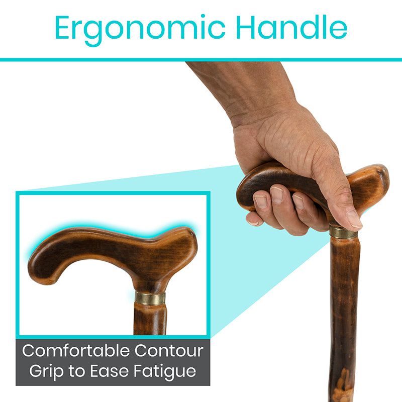 Hand holding a wooden walking cane with an ergonomic handle, emphasizing comfort and ease of use.