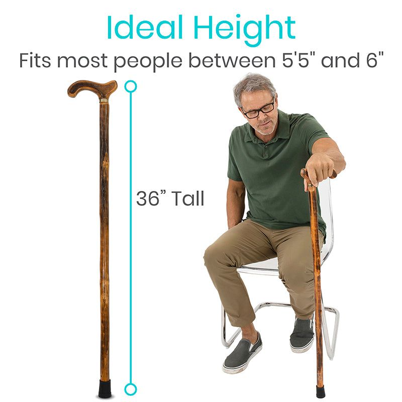 Man holding a walking cane with measurement details on a white background