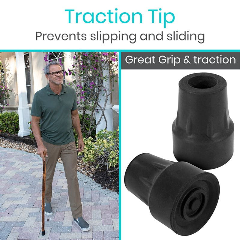 Man using a cane with traction tips on a sidewalk, showing text about grip and prevention of slipping.