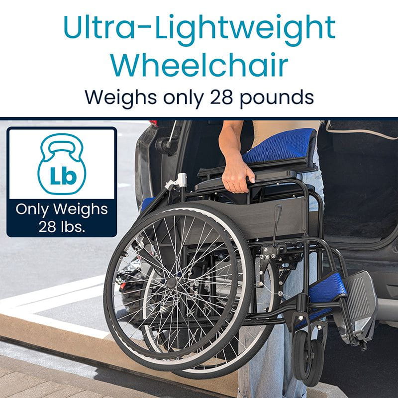 Ultra-lightweight wheelchair being loaded into a vehicle with text indicating weight.