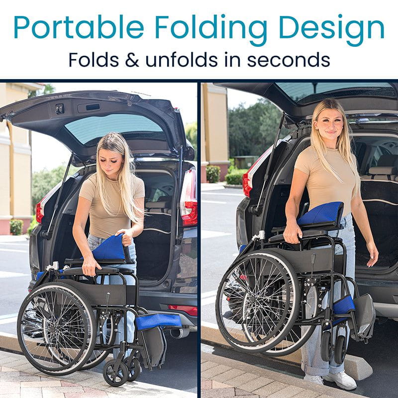 Portable folding wheelchair being shown in two stages: folded and unfolded, with text indicating it folds and unfolds in seconds.