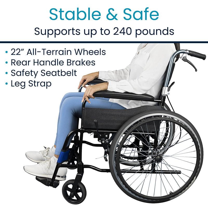 Wheelchair with features listed on a white background