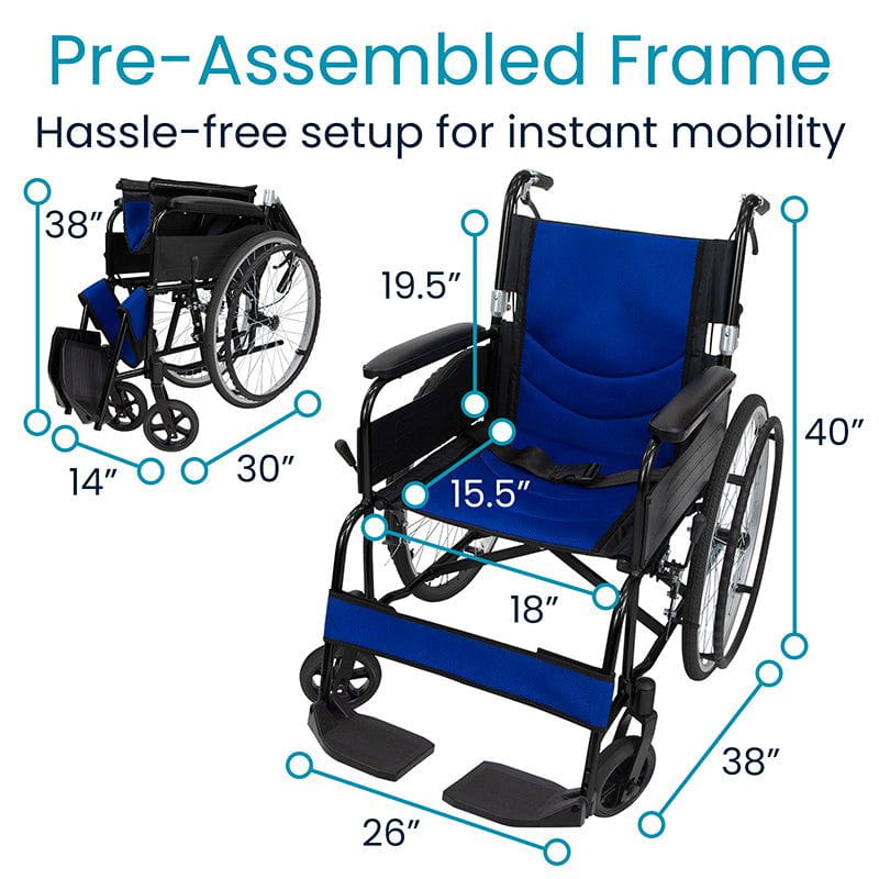 Wheelchair with pre-assembled frame dimensions highlighted on a white background