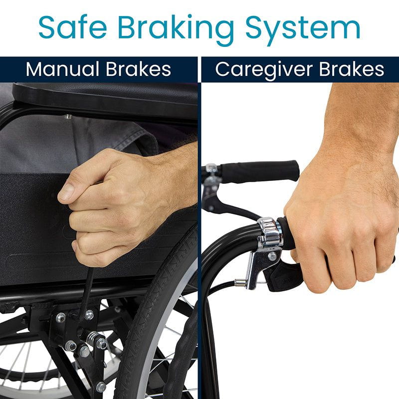Comparison of manual brakes and caregiver brakes on a wheelchair.