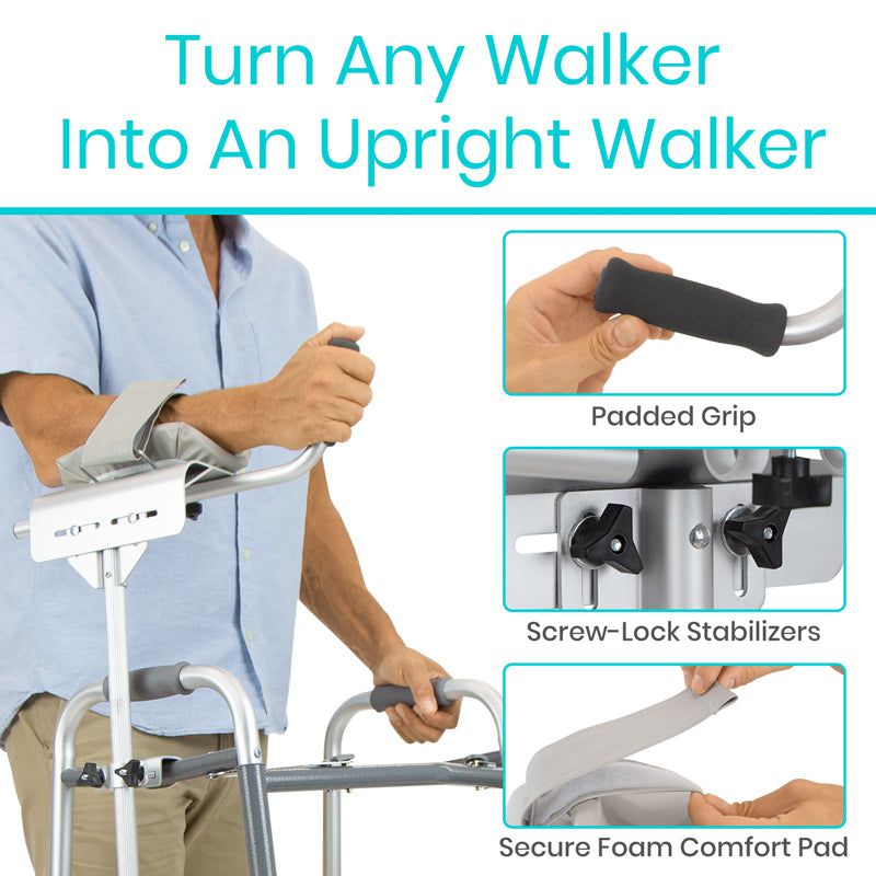 Product advertisement showing a walker with features like a padded grip, screw-lock stabilizers, and a secure foam comfort pad.