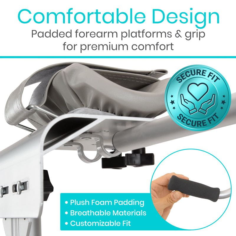 Chair armrest with padding and grip features, labeled 'Comfortable Design' and 'Secure Fit'.