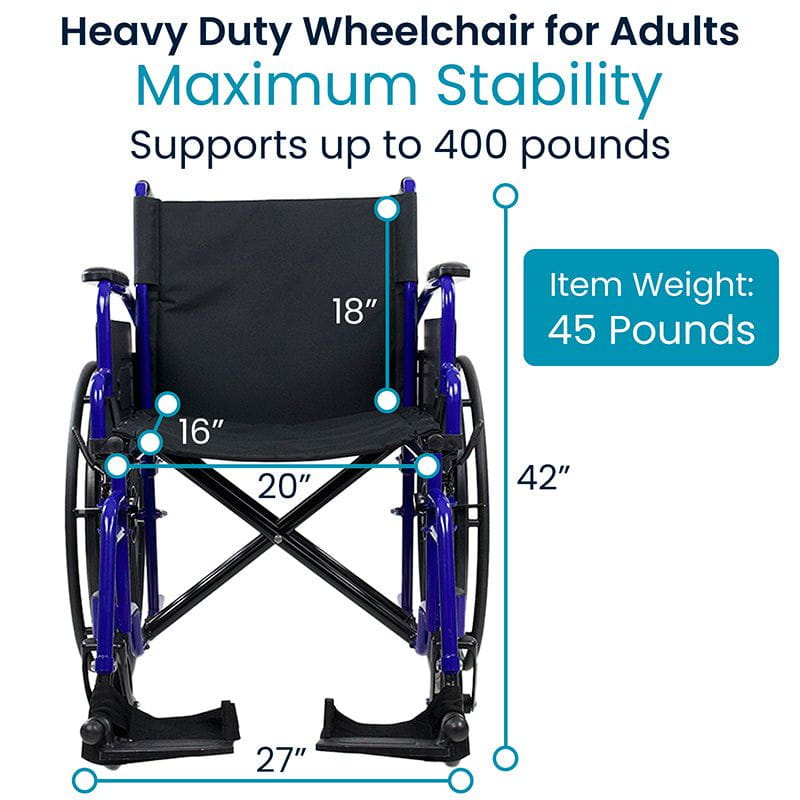 Heavy-duty wheelchair for adults with dimensions and weight capacity details on a white background