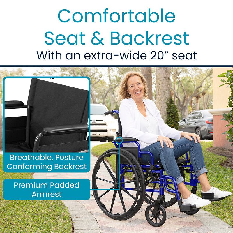 Woman using a wheelchair with text highlighting features like an extra-wide seat and breathable backrest.