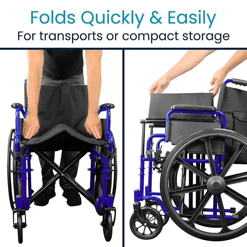 Wheelchair being folded quickly and easily with text indicating it's for transports or compact storage.
