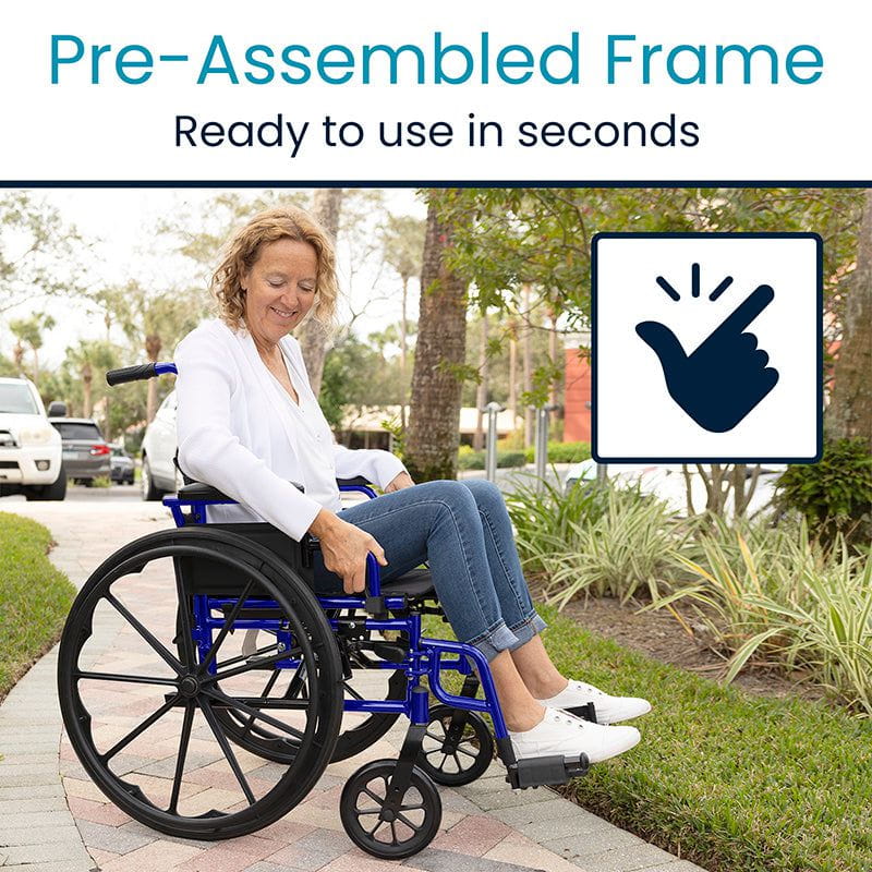 Woman using a blue wheelchair with text about a pre-assembled frame.