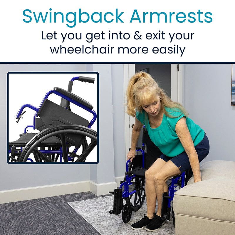 Woman using a wheelchair with swingback armrests in a home setting.