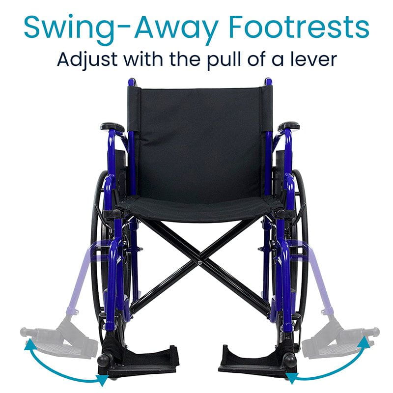 Wheelchair with swing-away footrests and lever mechanism on a white background