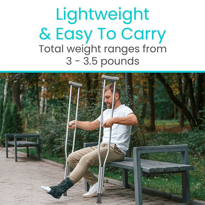 Man using crutches sitting on a bench with text about weight range.