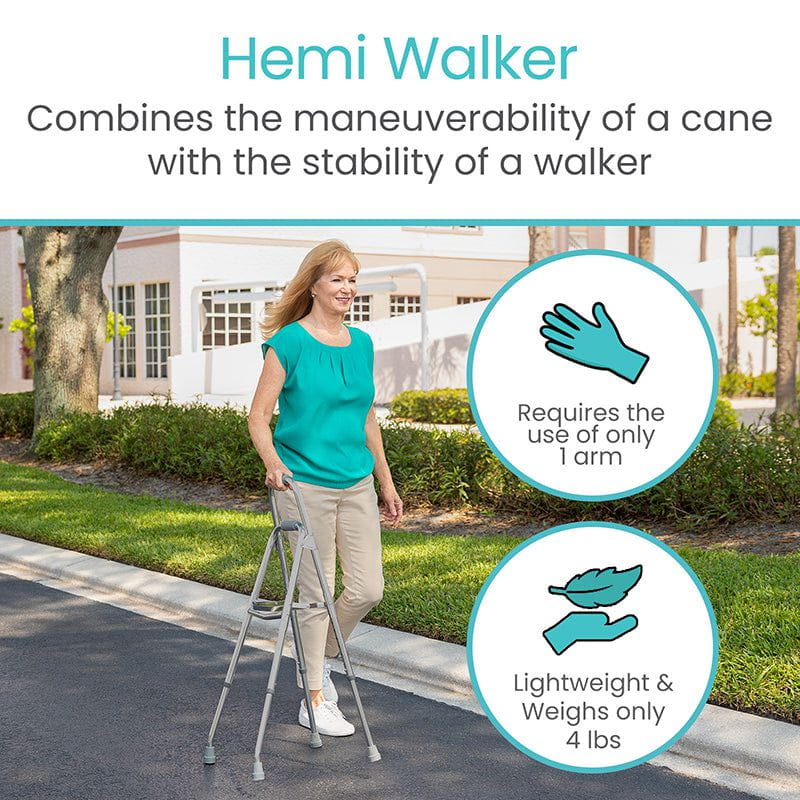 Woman using a Hemi Walker with text highlighting its features.